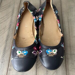 Coach Black Floral Leather Cap-Toe Ballet Flats Size 8.5